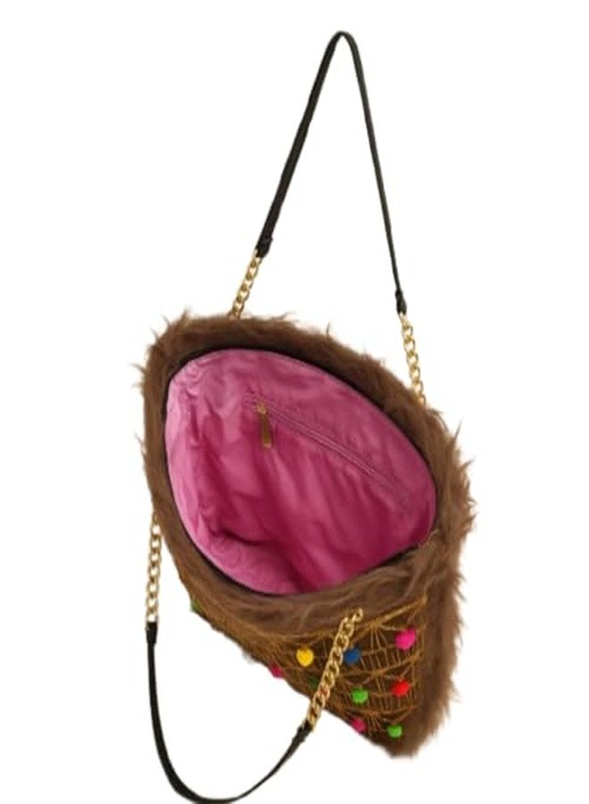 VINNIE Trendy Faux Fur Handbag for Women & Girls - Single Compartment Furry Shoulder Bag with Embroidery Lace & Chain Handles (Brown) - Image 3